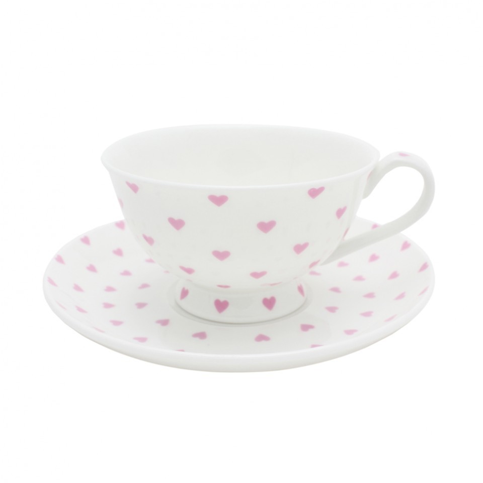 Bombay Duck: Teacup and Saucer - Bisous Hearts - Pale Pink and White