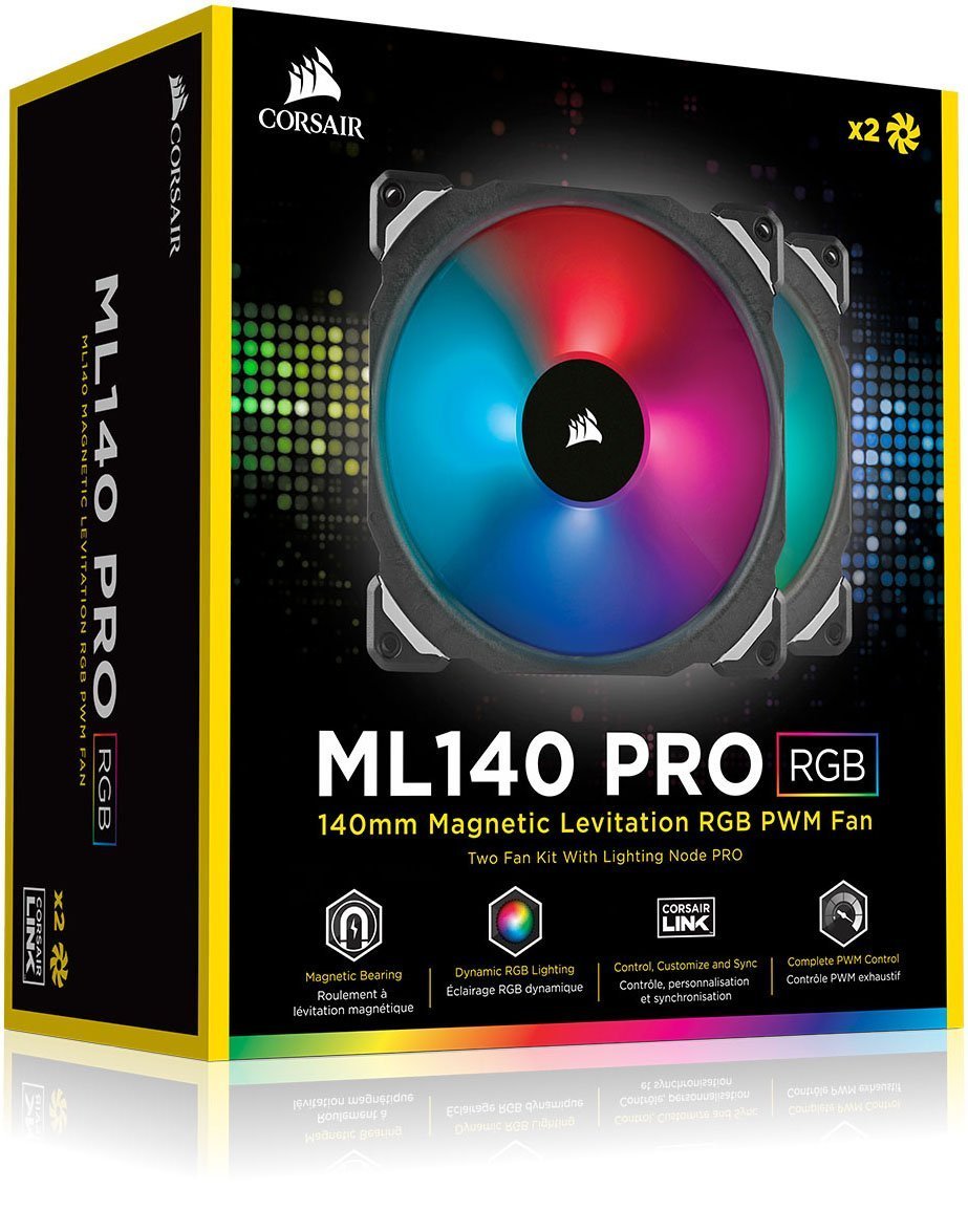 Corsair ML140 PRO RGB LED 140MM PWM Premium Magnetic Levitation Fan — Twin Fan Pack with Lighting Node PRO image