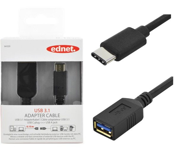 Ednet USB 3.1 Type-C (M) to USB Type A (F) Adapter Cable (0.15m) image