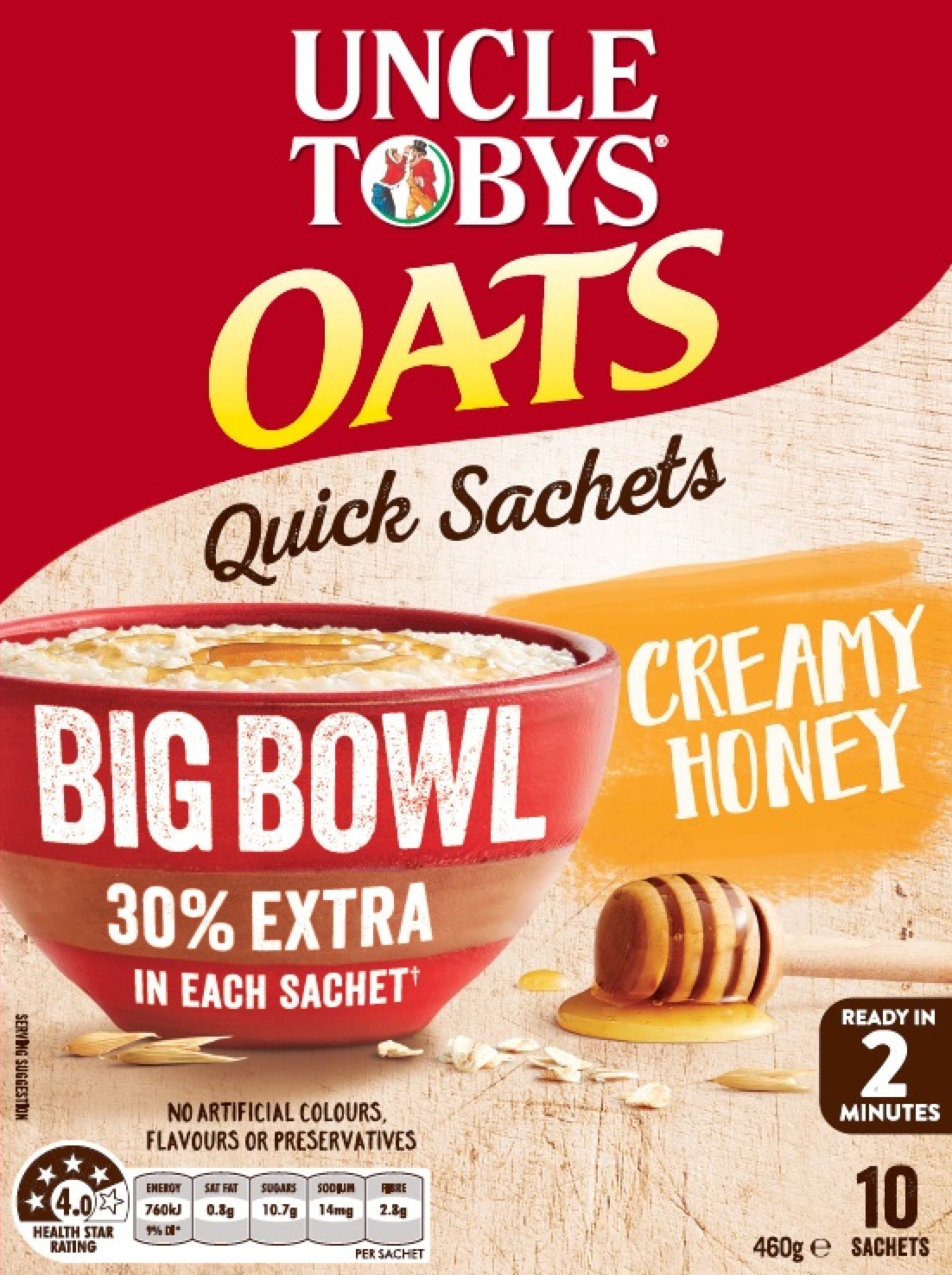 Uncle Tobys Oats Big Bowl (Quick Creamy Honey, 460g) 5pk image