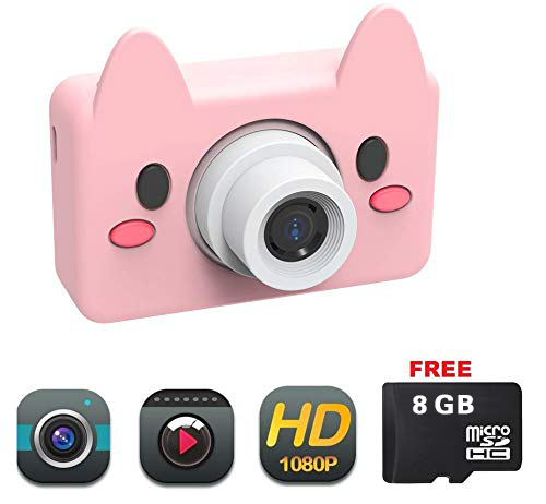 kids Digital Camera 1080P with 8GB SD Card - Pink Pig image