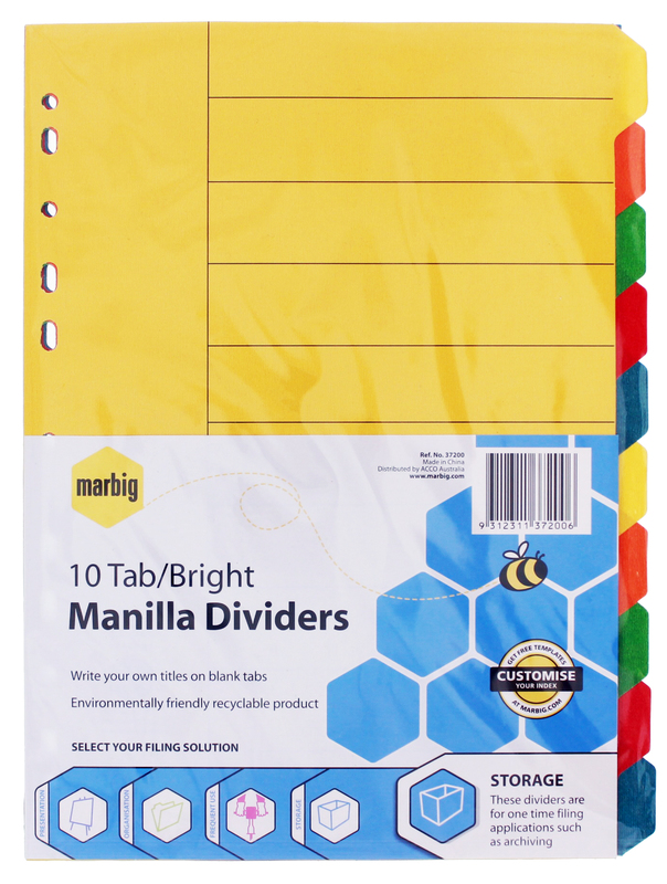 Buy Marbig A4 Manilla 10 Tab Dividers Brights at Mighty Ape NZ