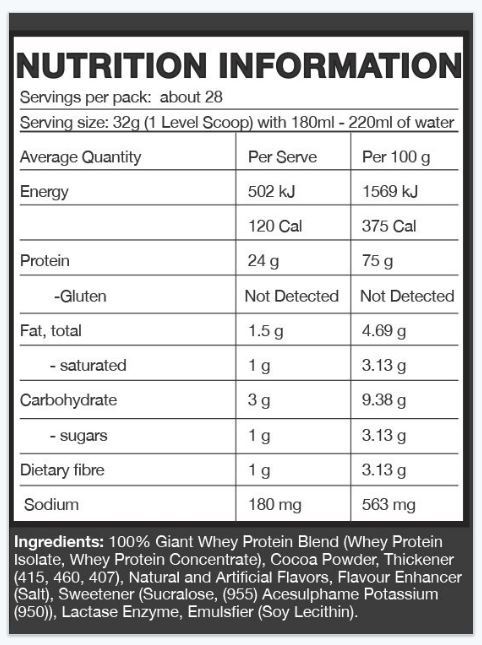 Giant Sports 100% Whey Protein - Double Chocolate (907g/28 Servings) image