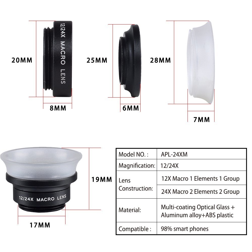 Apexel 2 in 1 Lens Kit12X Macro Lens + 24X Macro Lens for Mobile
