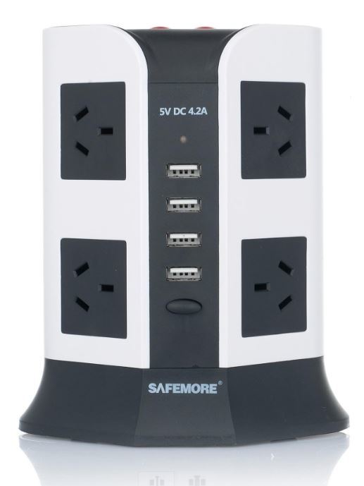 Safemore 2 Level VPS Euro + 8 Socket Power Board with 4 USB Charging (White/Black)