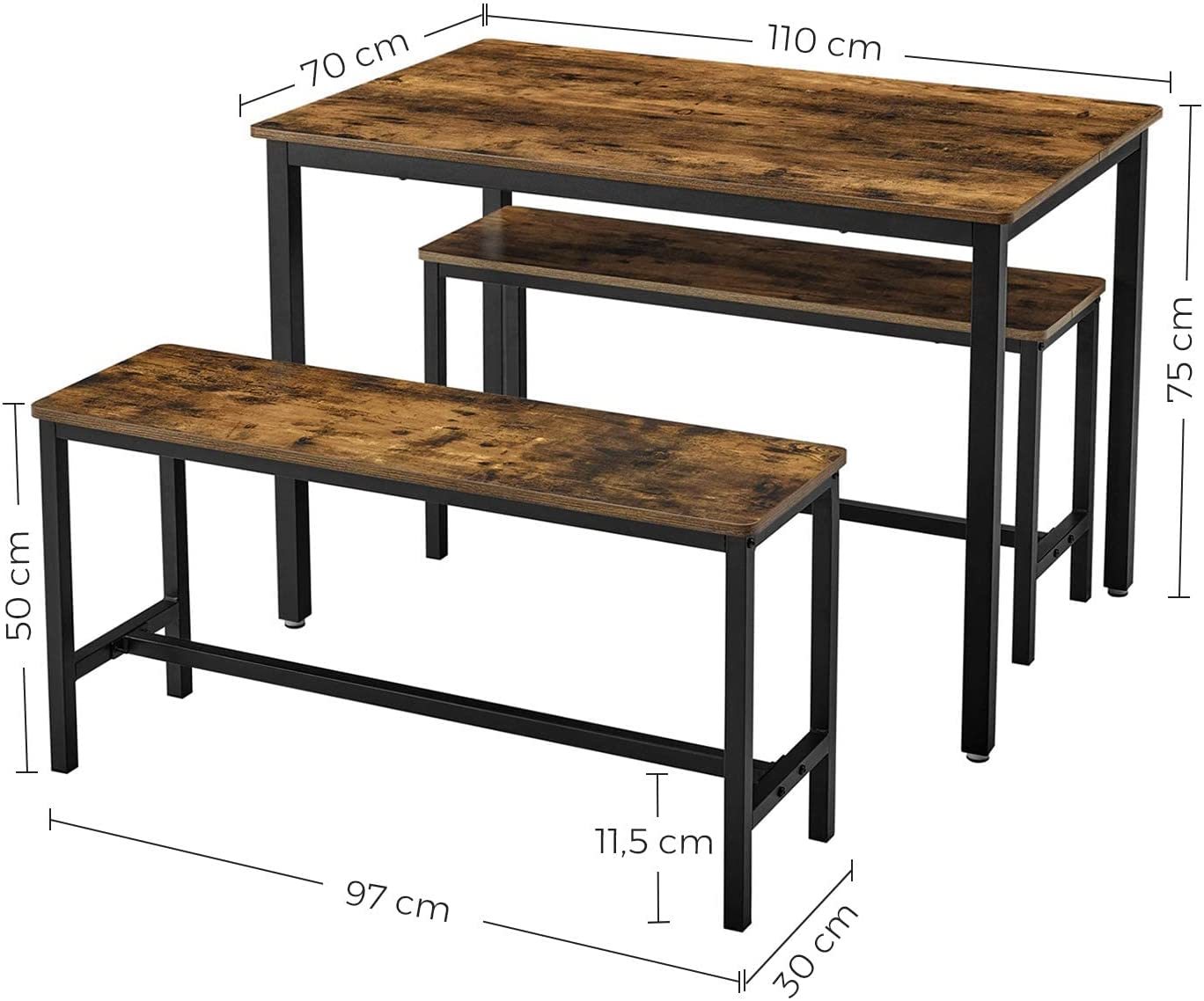 Vasagle : Dining Table with 2 Benches - Rustic Brown image