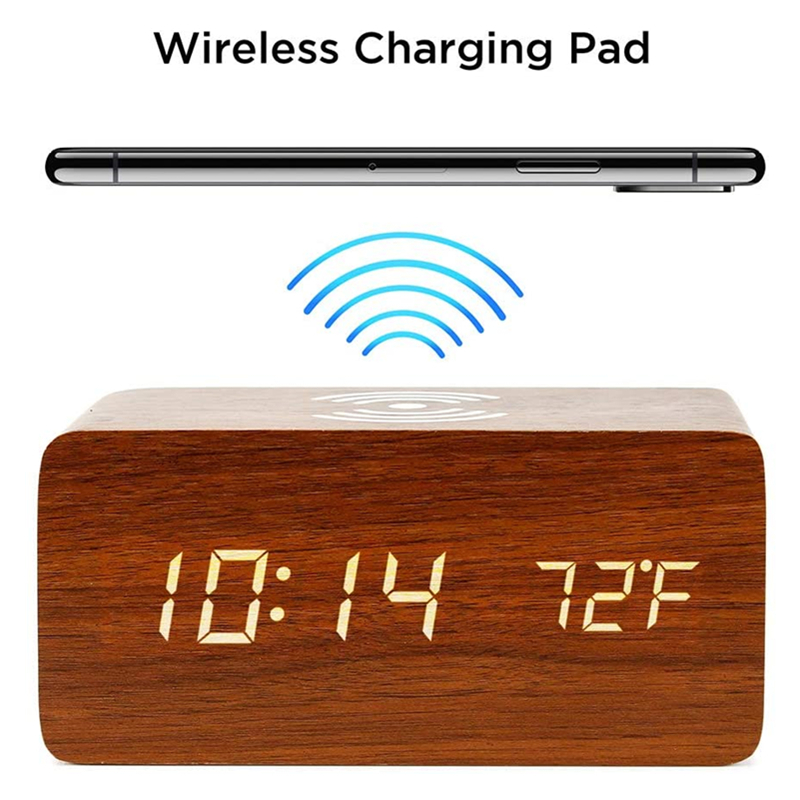 LED Digital Wooden Alarm Clock with Wireless Charging Brown at
