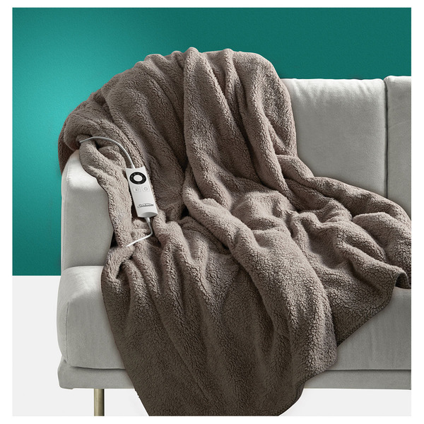 Sunbeam Feel Perfect Cosy Sherpa Fleece Heated Throw Rug (Warm Grey