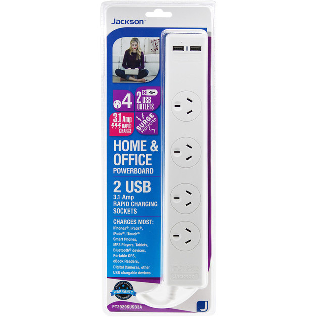 Jackson 4Way Power Board with Surge & Overload Protection + 2 Rapid