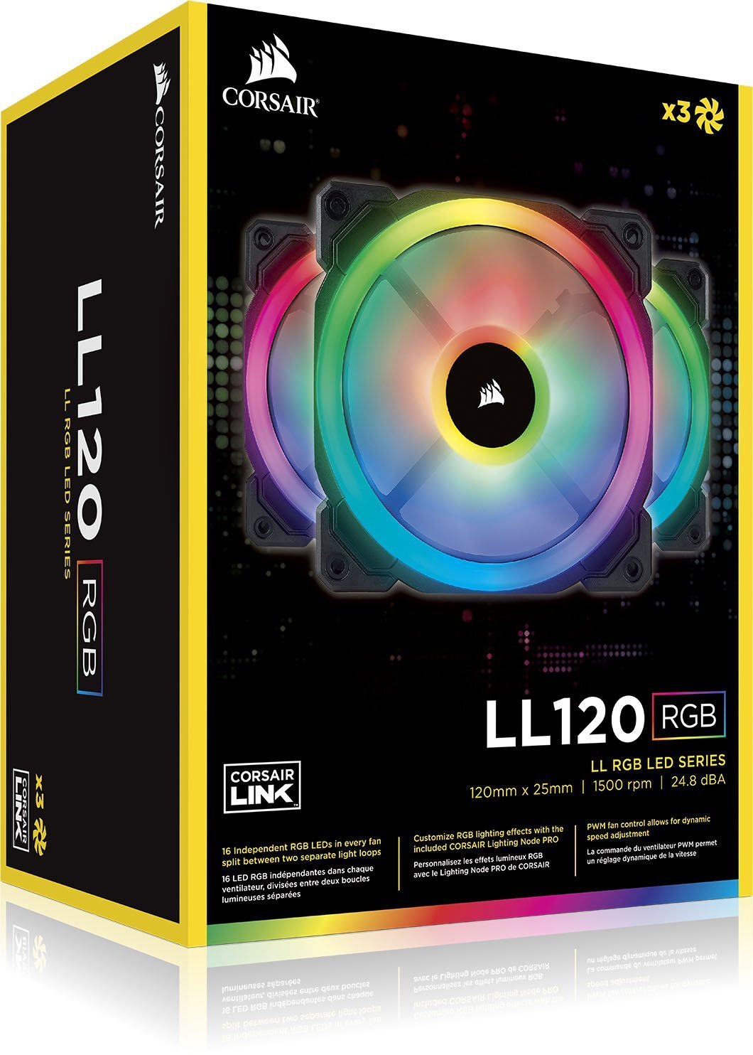 Corsair Ll Series LL120 RGB 120mm Dual Light Loop RGB LED PWM Fan — 3 Fan Pack with Lighting Node PRO image