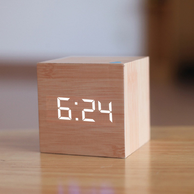 Wooden Grain Digital Voice Control Desk Alarm Clock - Bamboo image