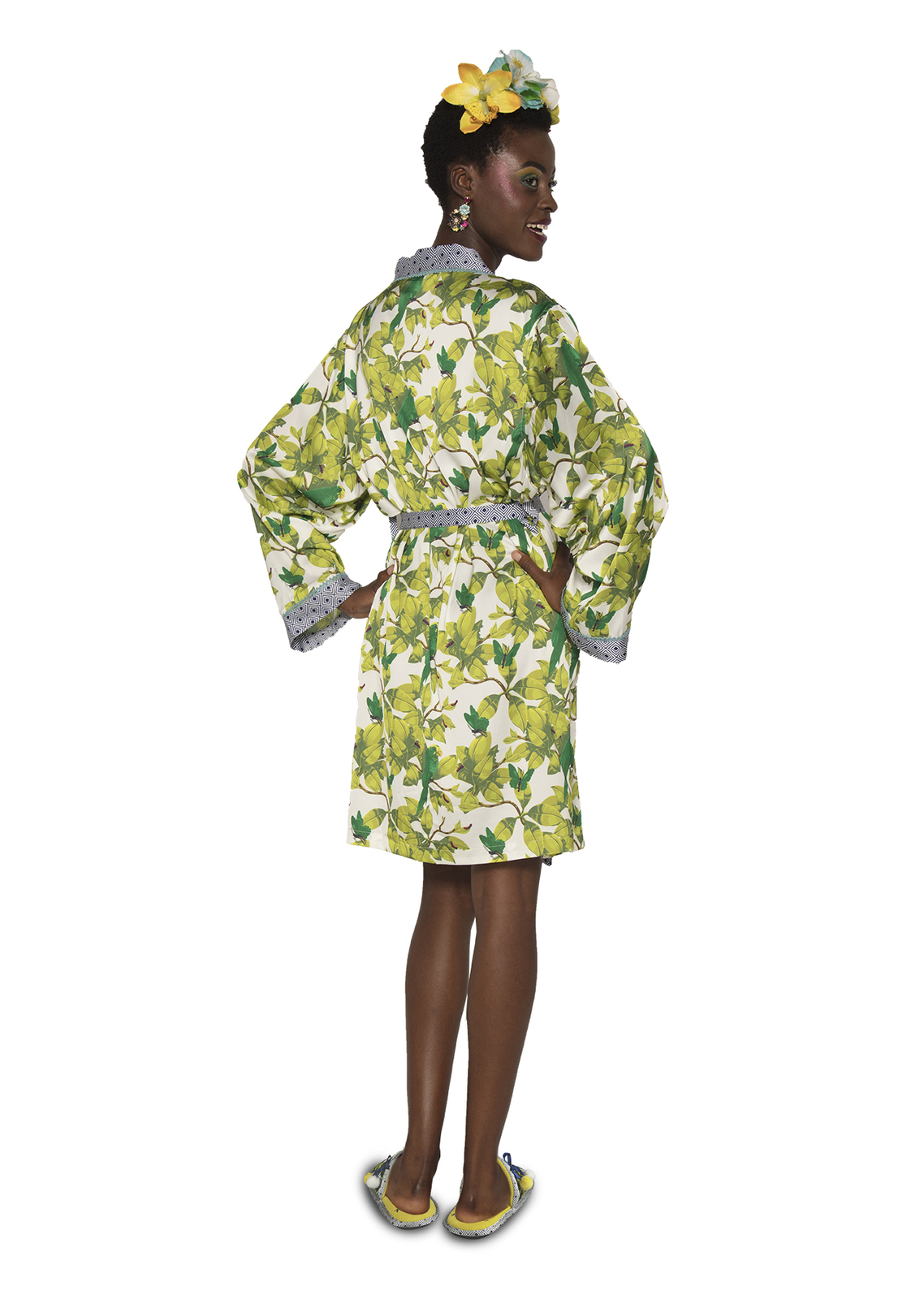 Frida Kahlo: Bonito Hoodless Satin Bathrobe - Green & White Ladies (One Size) image
