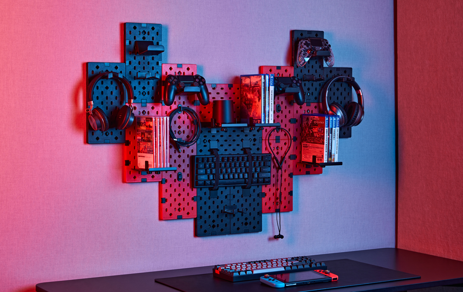 Wall Mounted Modular Pegboard for Gaming & Home Office Red & Black at Mighty Ape NZ