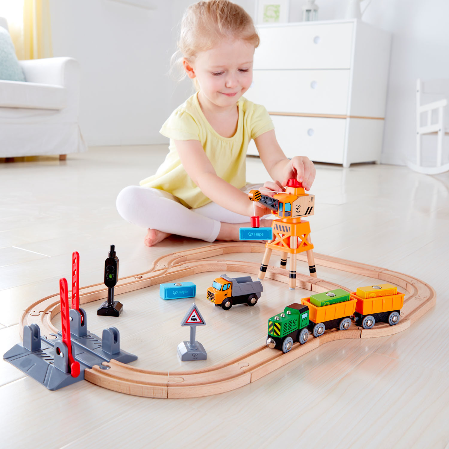 Hape: Crossing & Crane - Wooden Railway Set image
