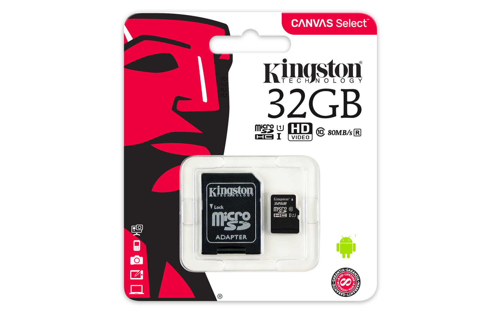 32GB Kingston Canvas Select MicroSDHC Card + SD Adaptor - Class 10 UHS-I image