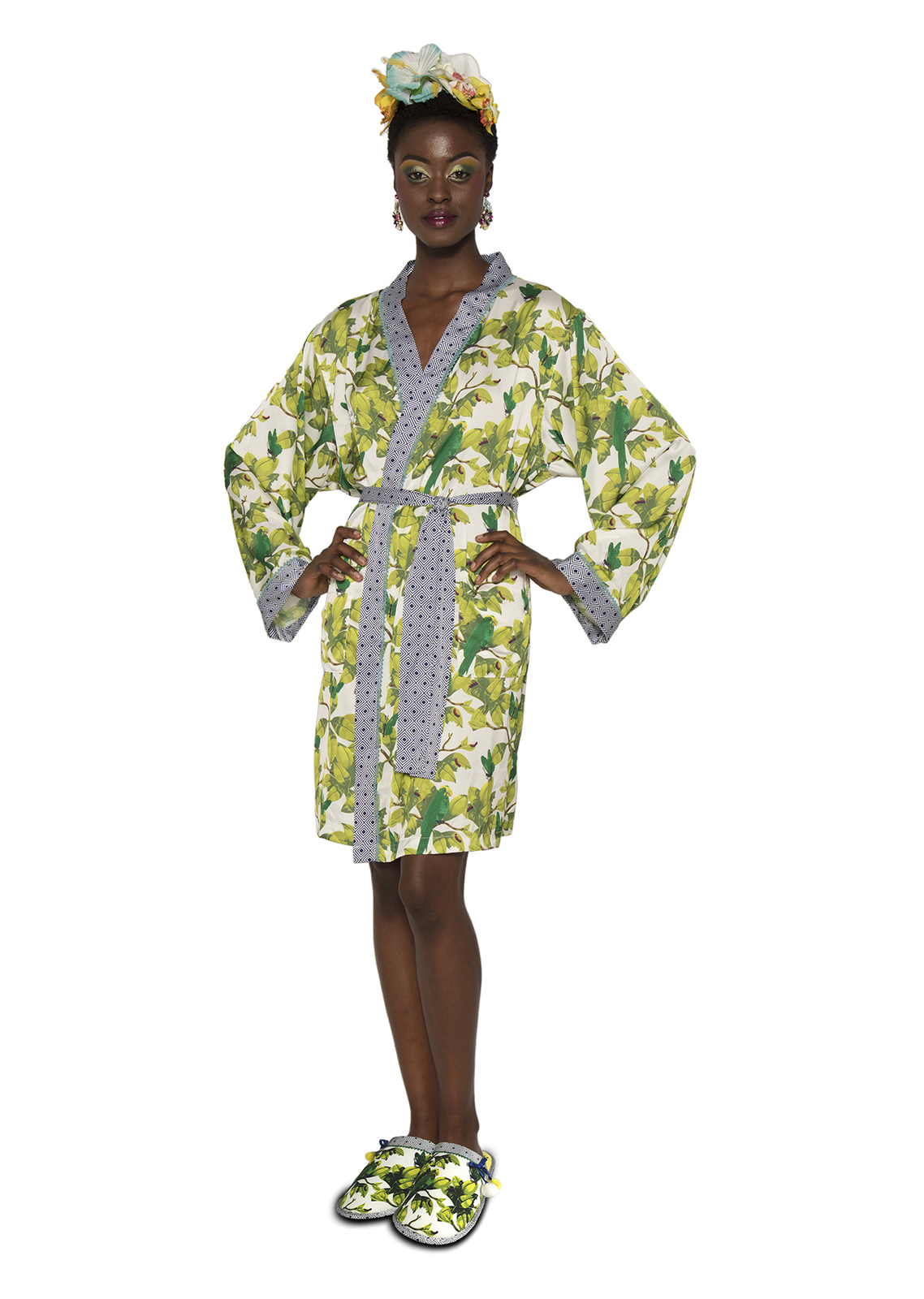 Frida Kahlo: Bonito Hoodless Satin Bathrobe - Green & White Ladies (One Size) image
