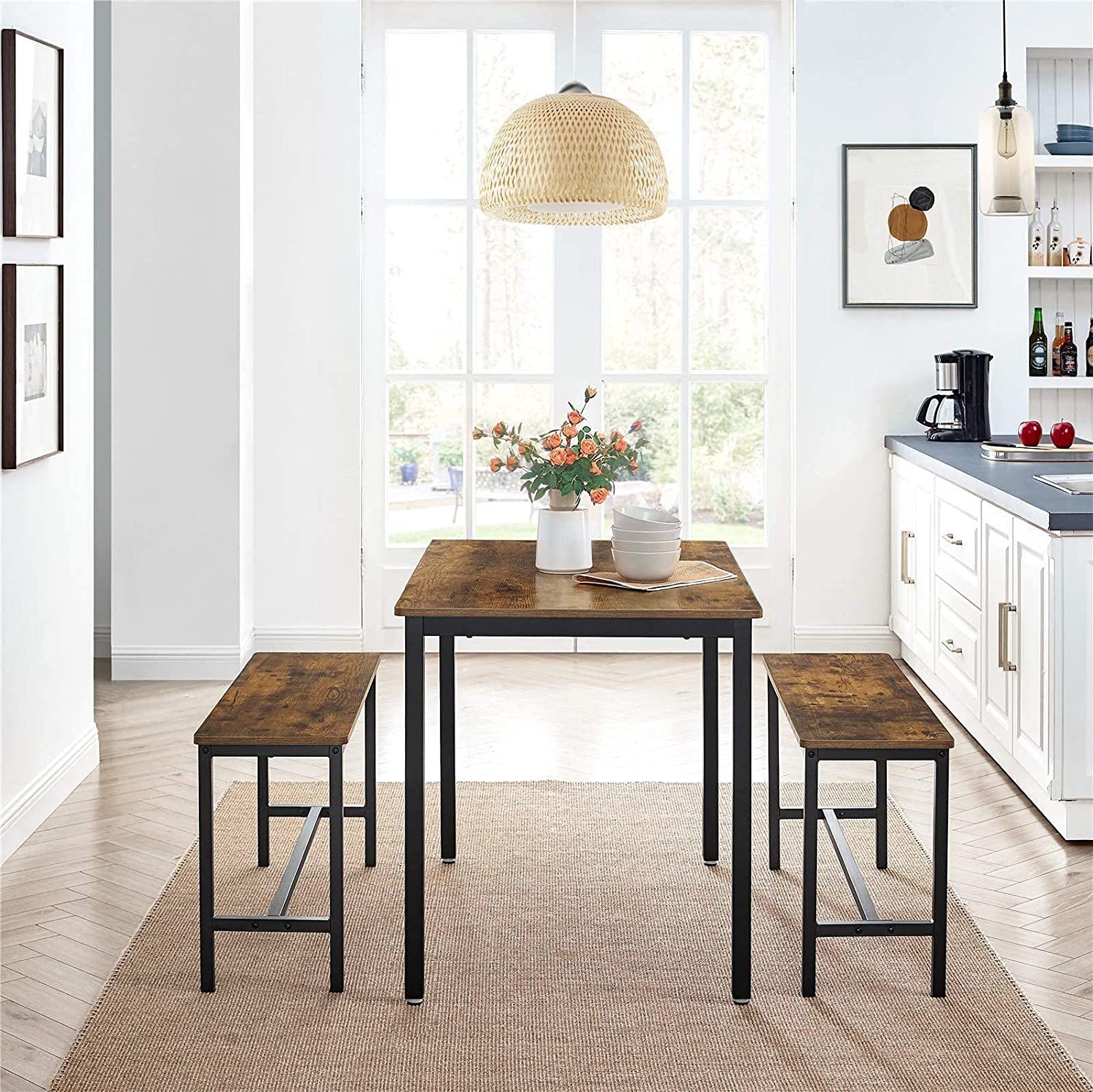 VASAGLE: Dining Table with 2 Benches - Rustic Brown image