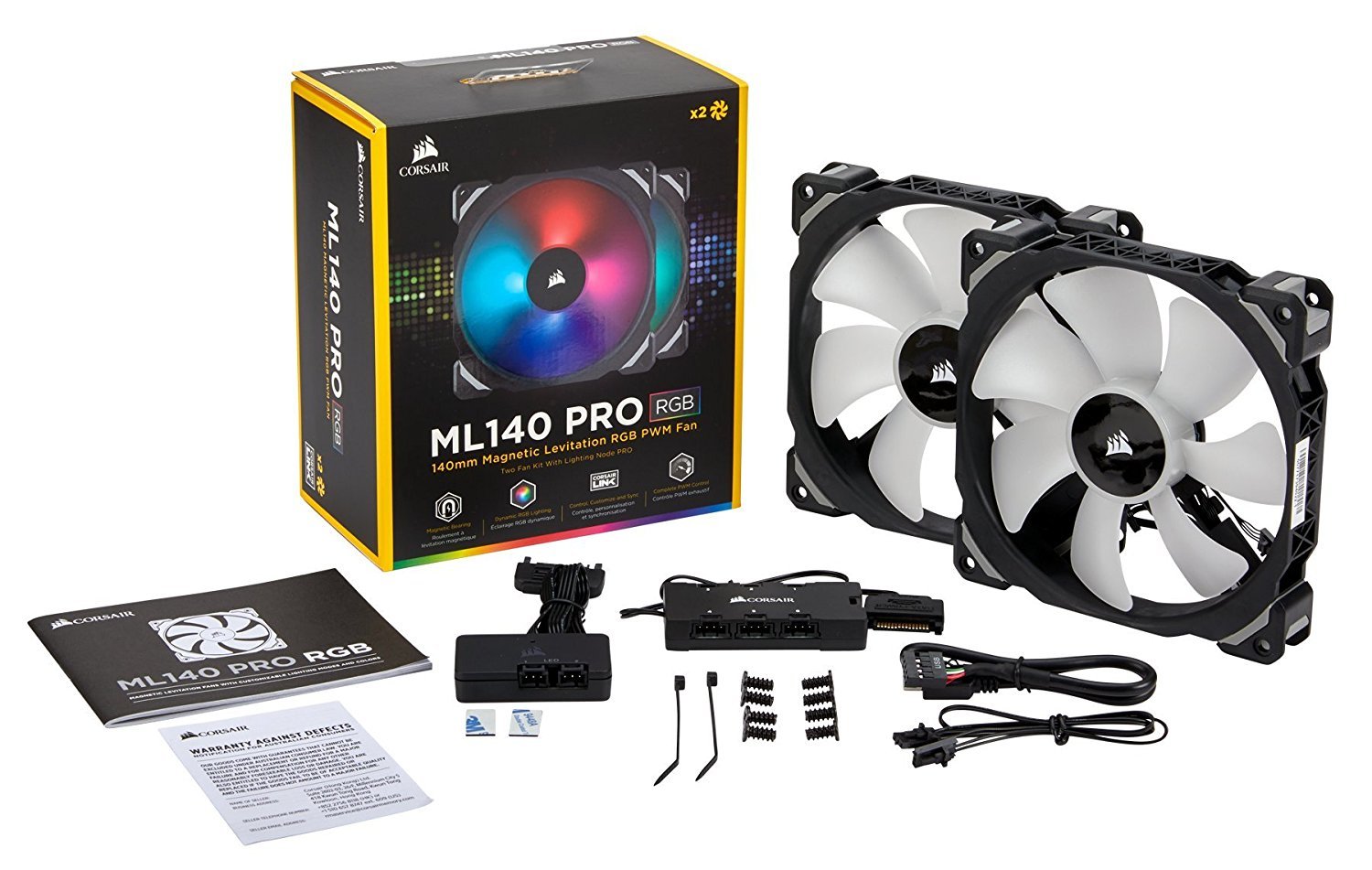 Corsair ML140 PRO RGB LED 140MM PWM Premium Magnetic Levitation Fan — Twin Fan Pack with Lighting Node PRO image