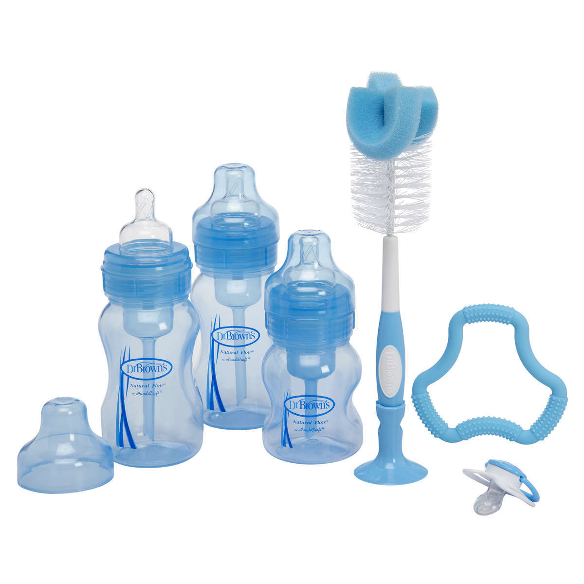 Dr Brown: Wide Neck Gift Set - 3 Bottles, Pacifier, Teether, Bottle Brush (Blue)